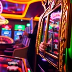 Player excitedly spinning a slot machine in a luxurious casino setting.