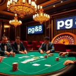 Players strategizing at a poker table while showcasing pg88 gaming options in a luxury setting.