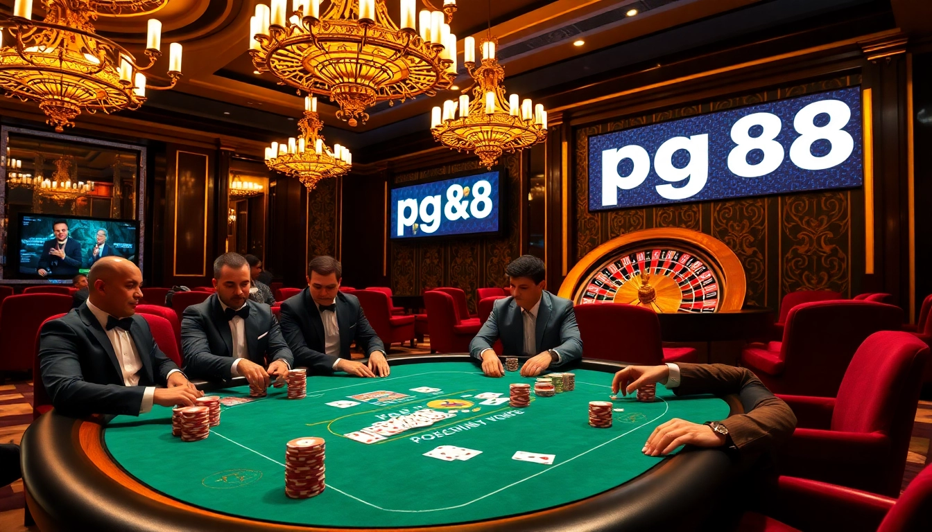 Players strategizing at a poker table while showcasing pg88 gaming options in a luxury setting.