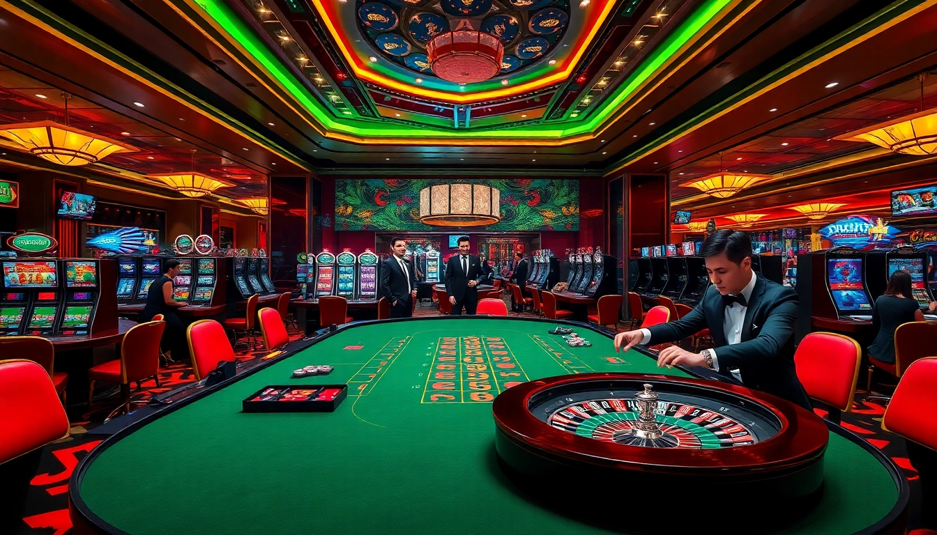 The nhà cái rr88 logo featured in a luxurious casino setting with vibrant gaming tables and elegant dealers.