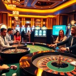 Players enjoy the exhilarating Pragmatic Provider games at a luxurious casino table with vibrant slot machines.
