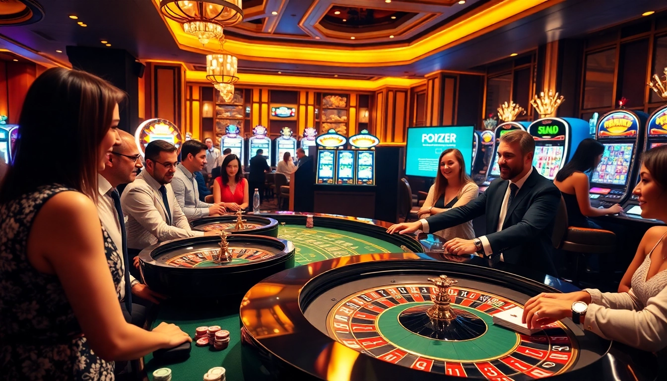 Players enjoy the exhilarating Pragmatic Provider games at a luxurious casino table with vibrant slot machines.