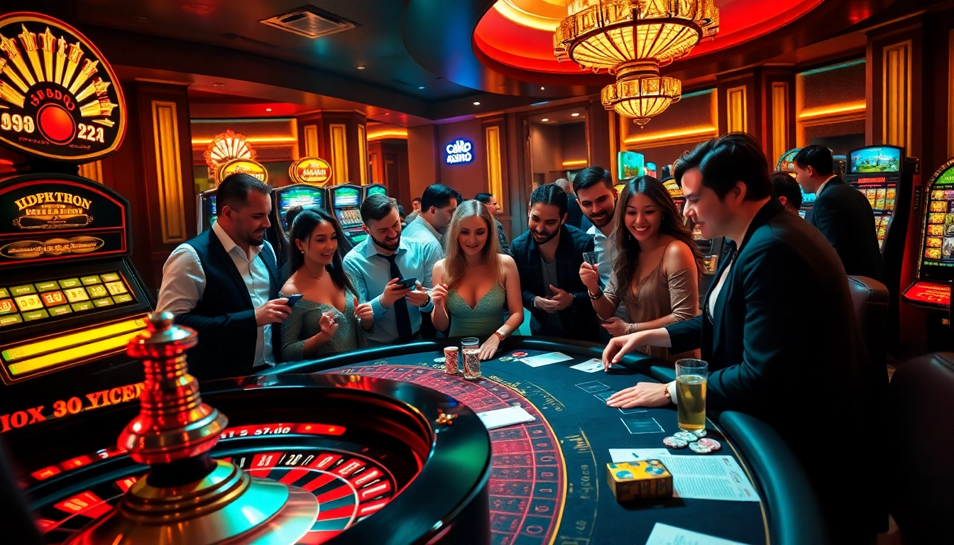 SODO CASINO players excitedly interacting at a poker table with vibrant chips and cards.
