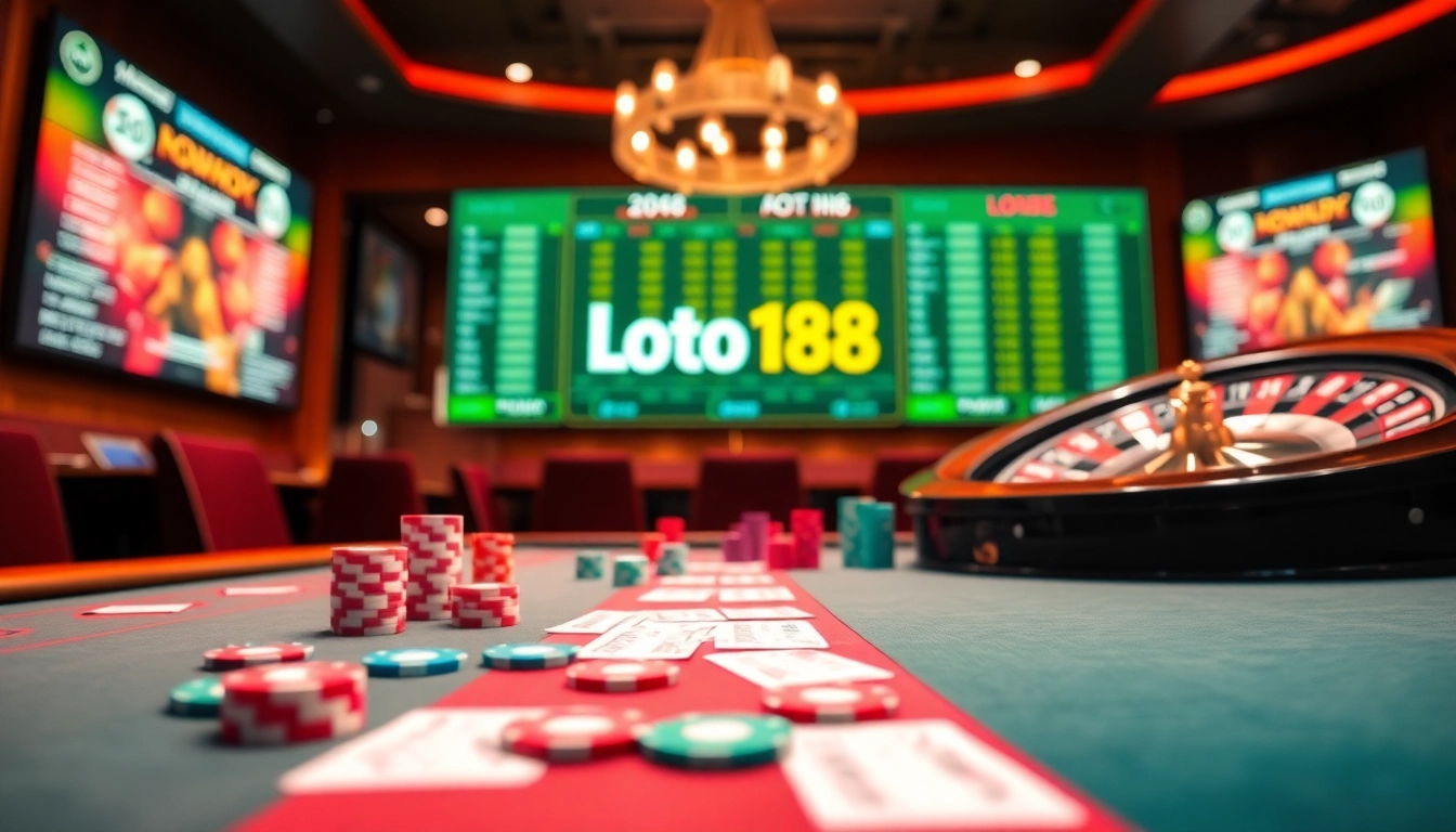 Loto188 gambling scene with vibrant casino table, roulette wheel, and engaging betting graphics.
