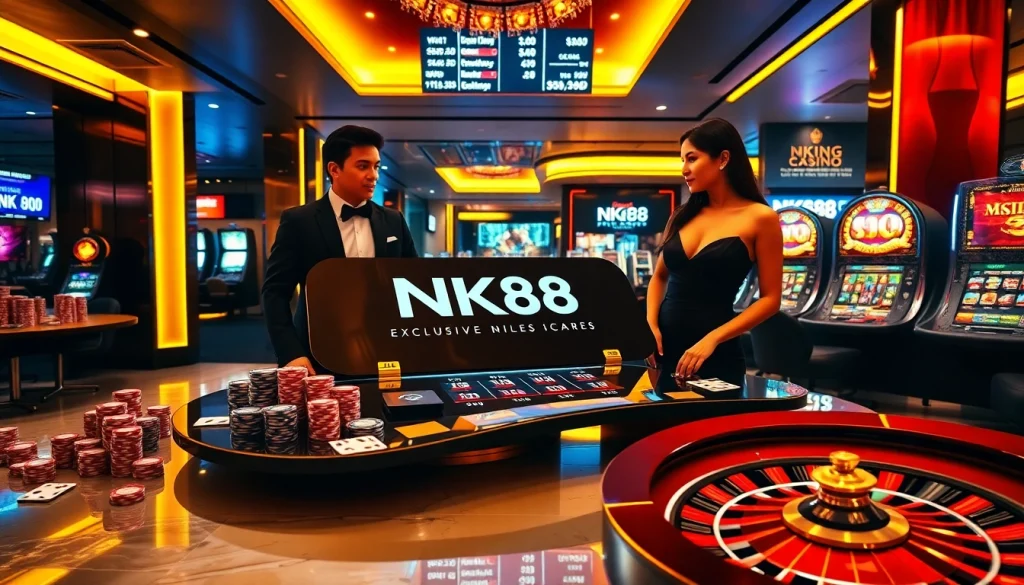 Professional gambler engaging with nk88 online casino interface featuring poker chips and roulette wheel