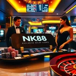 Professional gambler engaging with nk88 online casino interface featuring poker chips and roulette wheel