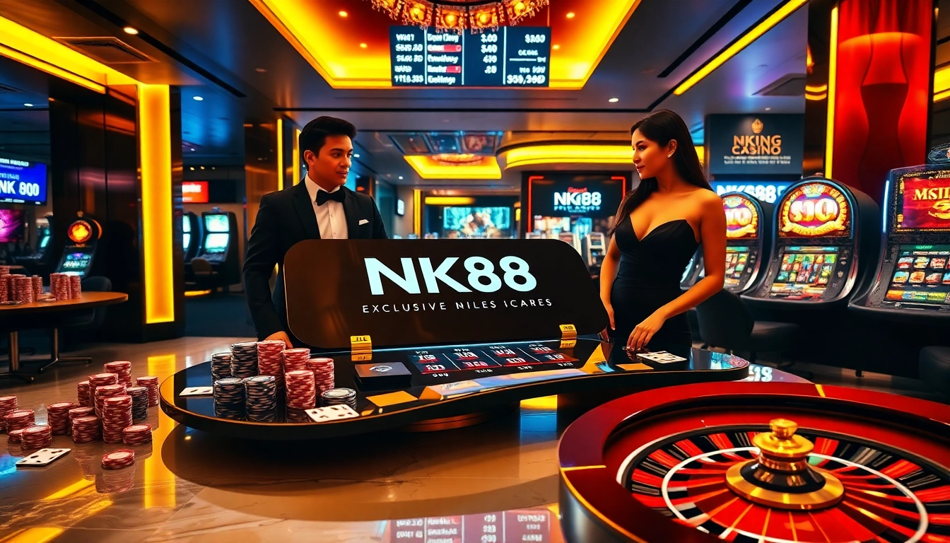 Professional gambler engaging with nk88 online casino interface featuring poker chips and roulette wheel