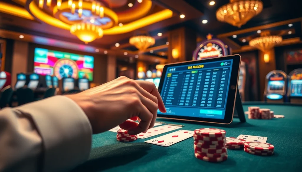 Track live Data Macau lottery results at an elegant casino with glowing gaming tables and exciting atmosphere.