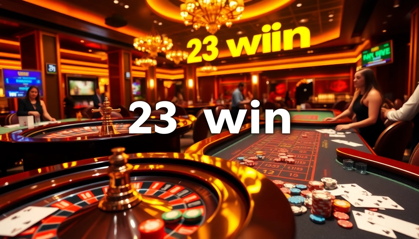 Experience the thrill of winning at 23 win with a luxurious casino scene showcasing blackjack and roulette.