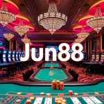 Players engaging with Jun88's exciting slot machines and poker tables in a vibrant casino atmosphere.