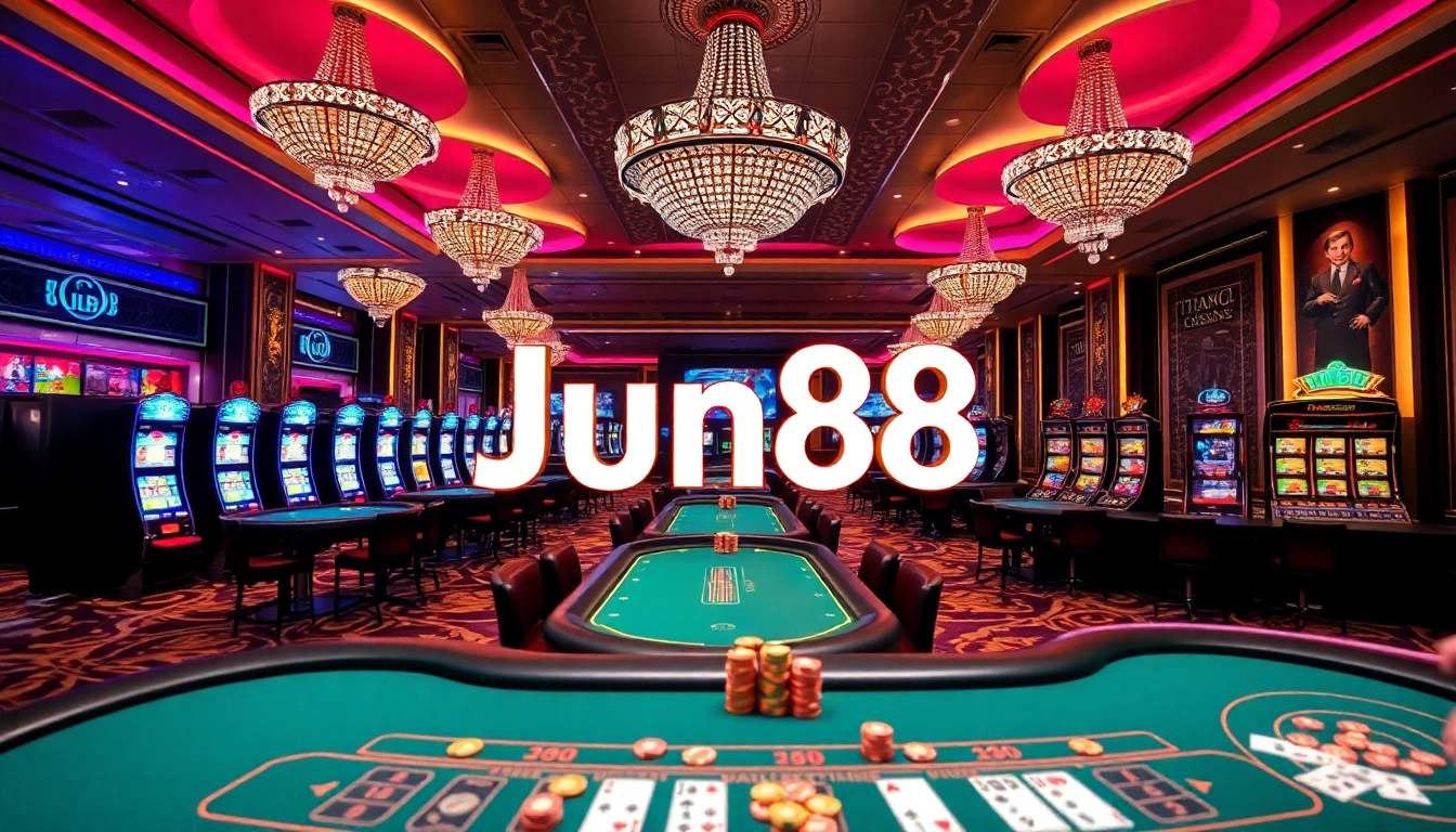 Players engaging with Jun88's exciting slot machines and poker tables in a vibrant casino atmosphere.