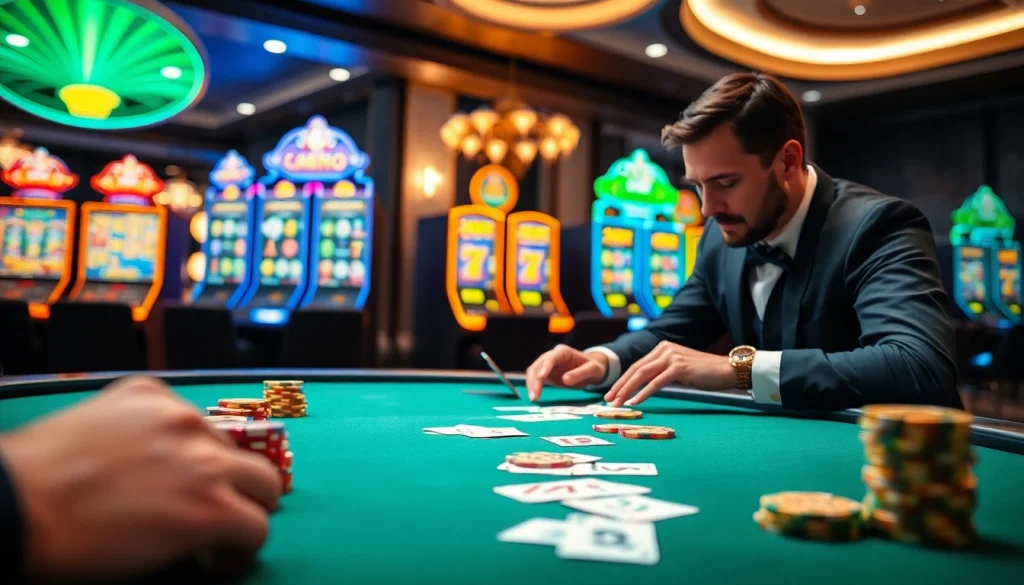 Exciting game action on idnslot casino table, showcasing vibrant chips and cards.