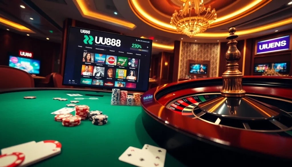 Experience thrilling action at UU88 with vibrant gaming tables and sophisticated casino elements.