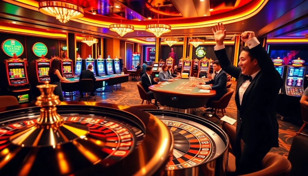 F8BET players celebrating at a luxurious casino table with poker chips and roulette wheel.