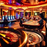 F8BET players celebrating at a luxurious casino table with poker chips and roulette wheel.
