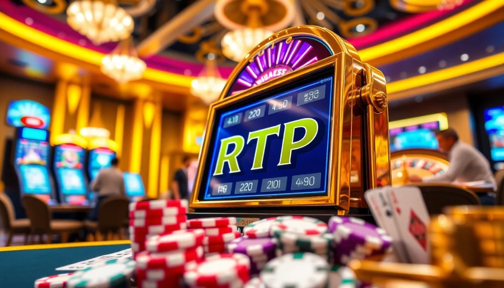 Engaged players enjoying an RTP Slot machine experience amidst vibrant casino decor.