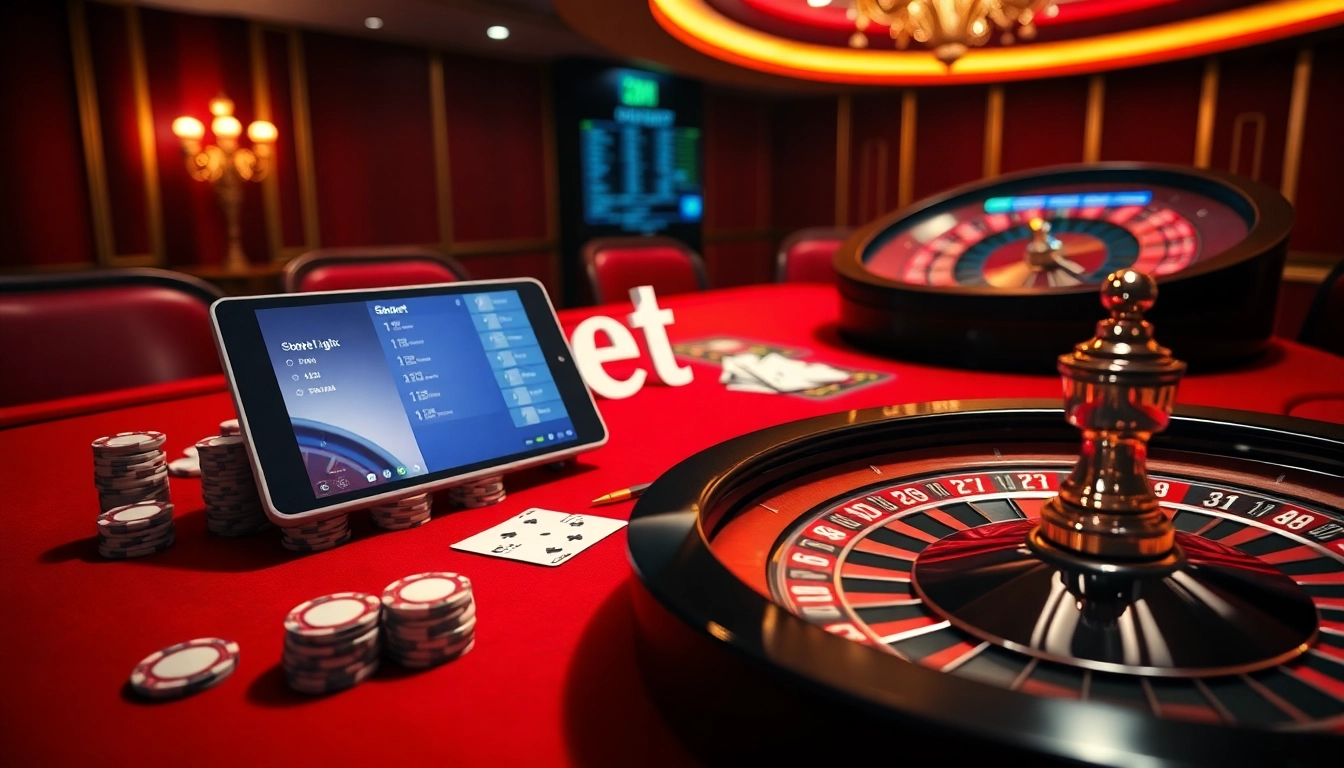 Sbobet link showcased in a luxurious casino scene with poker chips, cards, and a roulette wheel.