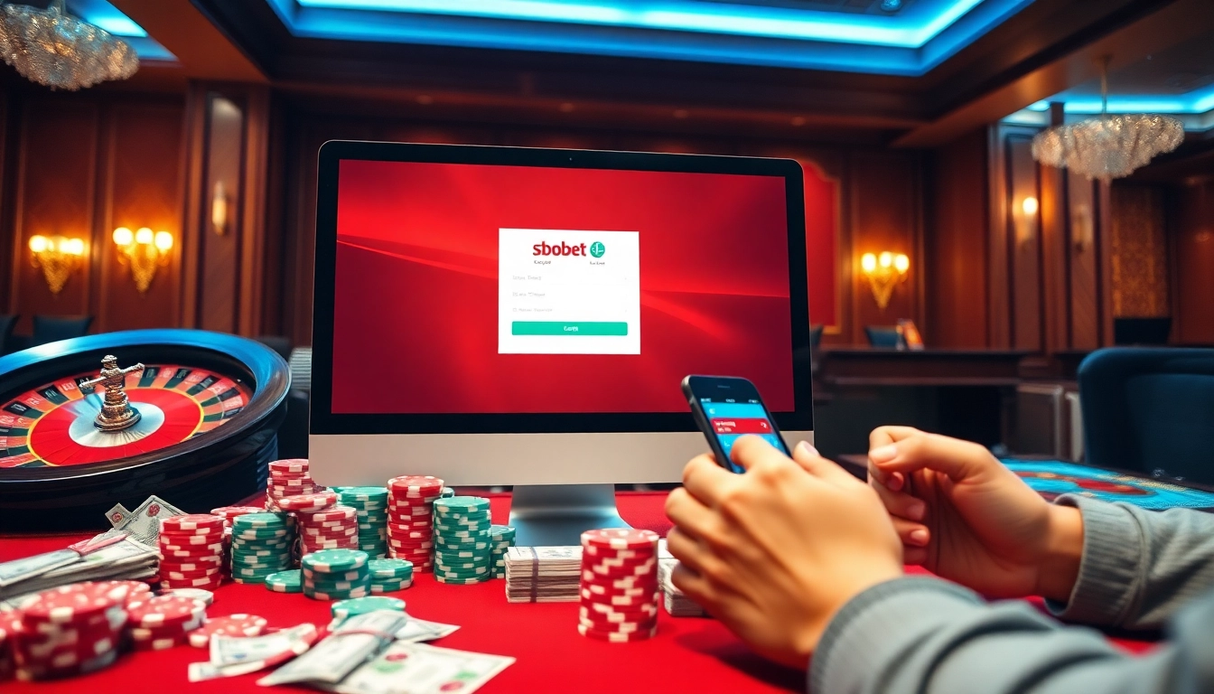 Sbobet login interface showcased amidst vibrant poker chips and a roulette wheel, encapsulating online gambling excitement.