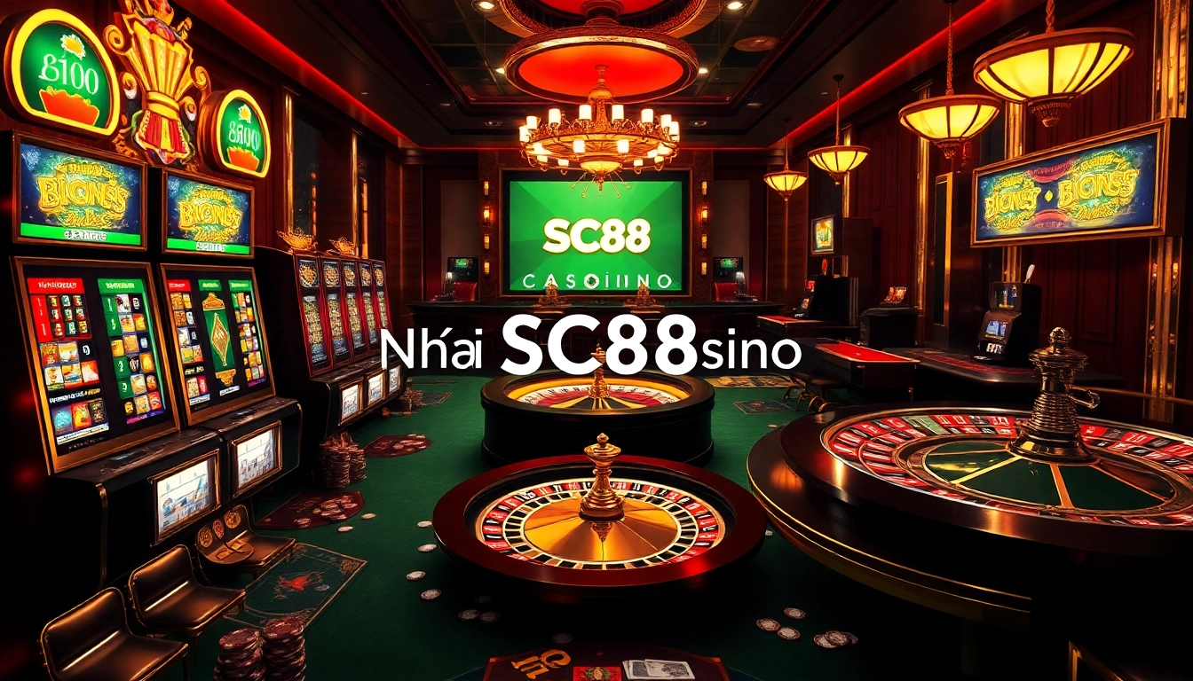 Exciting scene at Nhà Cái SC88 Casino featuring vibrant slot machines and engaging roulette action.