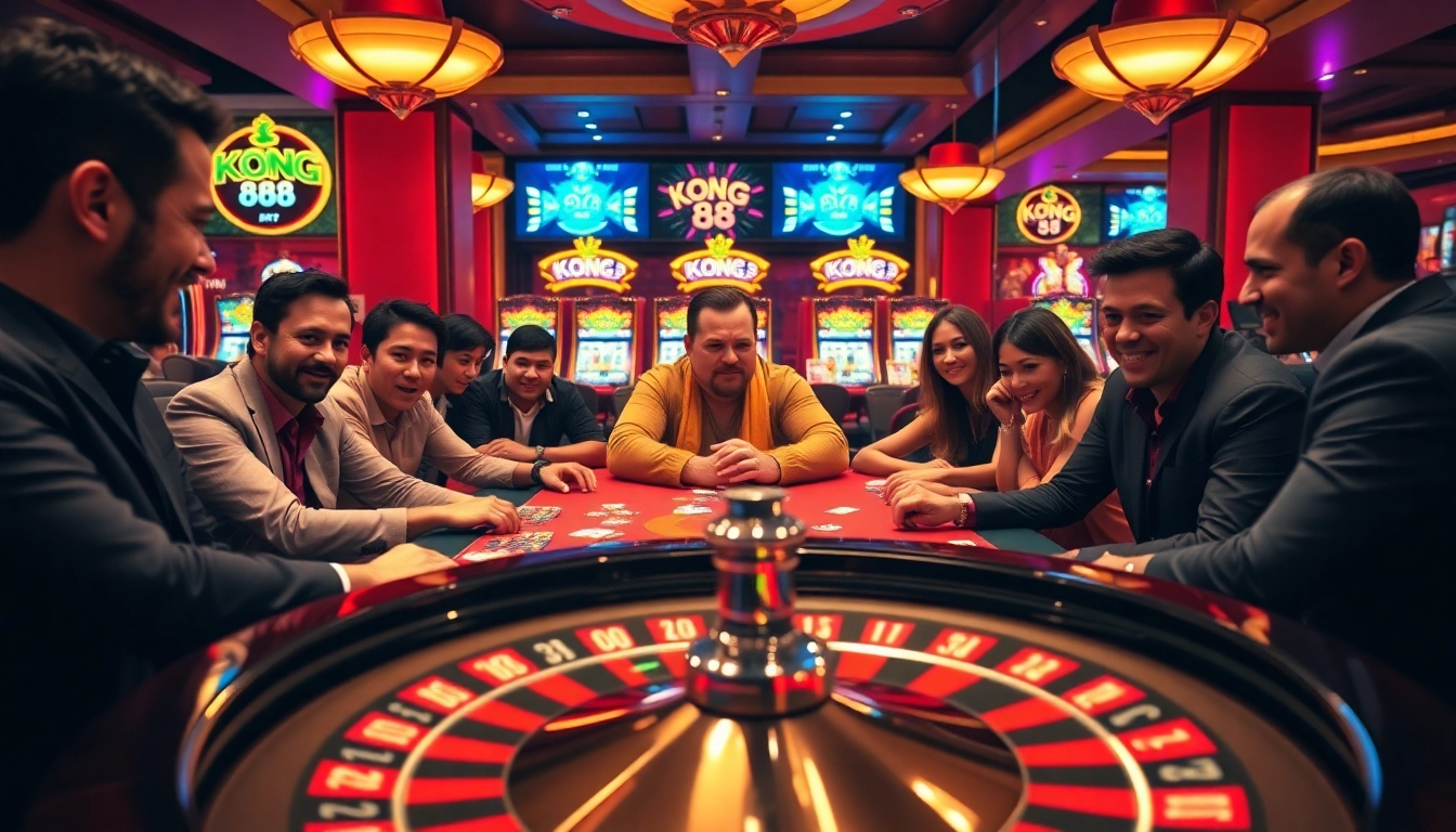 KONG 88 themed poker table with vibrant chips and cards, capturing the thrill of high-stakes gambling.