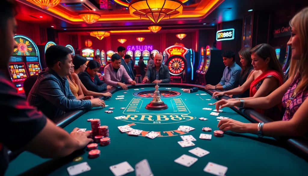 RR88 com gaming scene showing excited players at a vibrant casino table with roulette and chips.