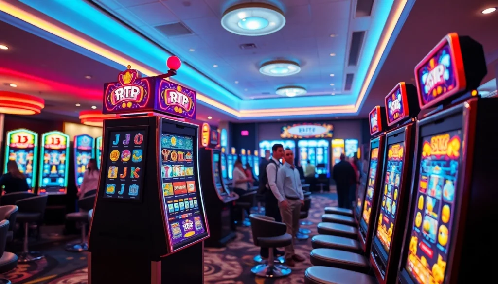 Engaging view of an rtp slot machine in a vibrant casino setting with excited players.