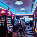 Engaging view of an rtp slot machine in a vibrant casino setting with excited players.