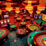 Engaged gamblers enjoying a lively BDJL-themed casino atmosphere filled with elegant tables and bright slot machines.