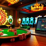 Experience high-stakes excitement at i9bet with a luxurious casino setting featuring poker tables and vibrant slot machines.