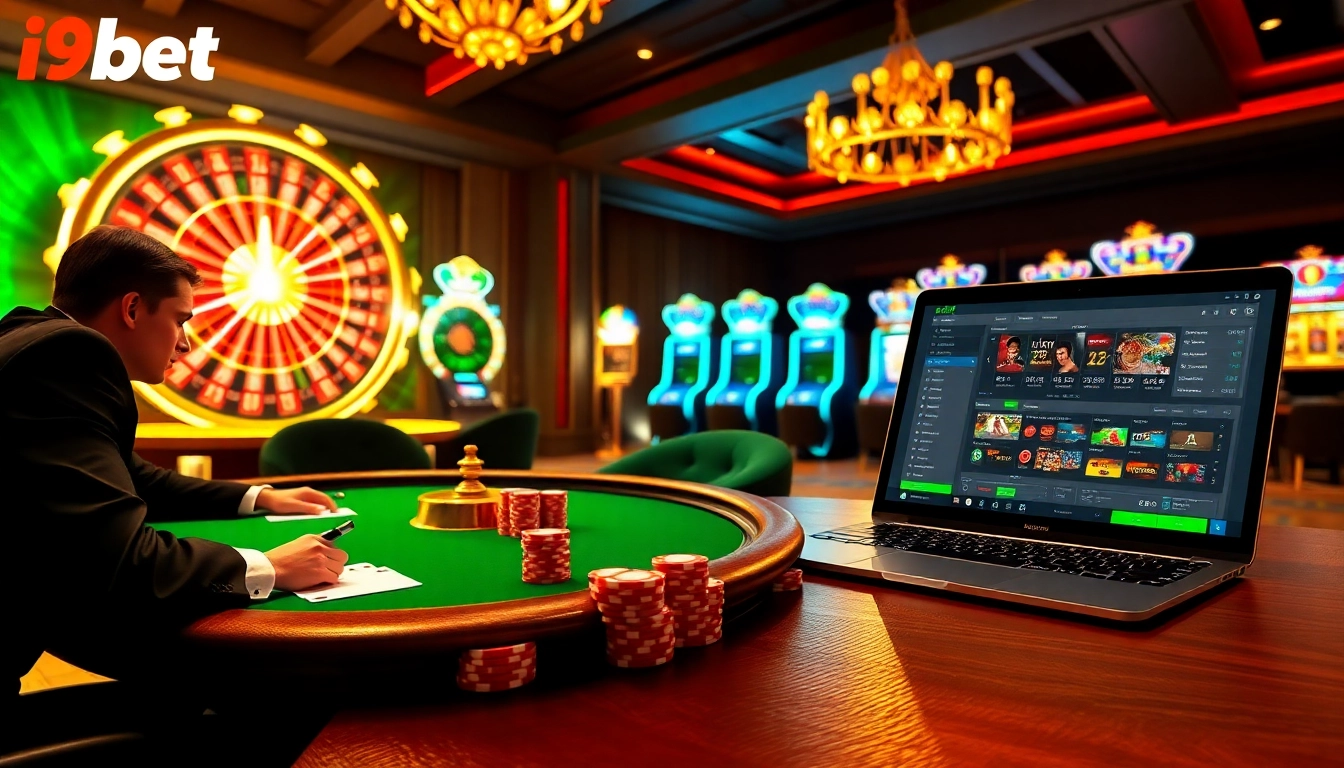 Experience high-stakes excitement at i9bet with a luxurious casino setting featuring poker tables and vibrant slot machines.