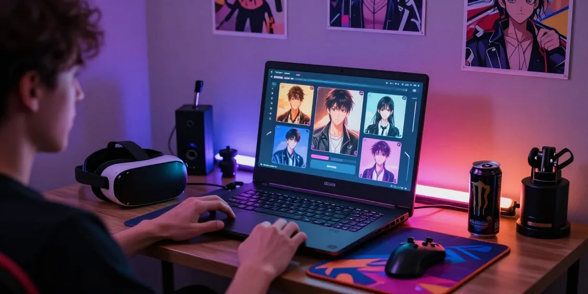 Engaging user exploring hentai ai chatbot on a vibrant gaming setup, NSFW AI features illustrated on the screen.
