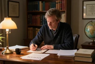 T Allen Greenfield deeply engaged in writing at his study desk surrounded by spiritual literature, showcasing contents from https://tallengreenfield.com.