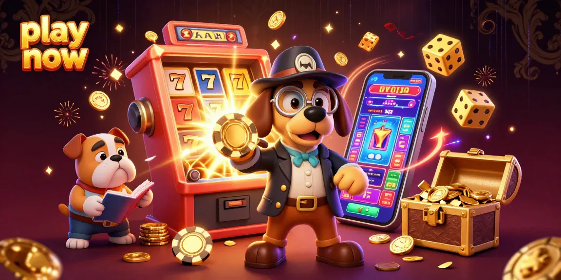 Play now in a lively casino scene with detective characters and dynamic slot machine elements.