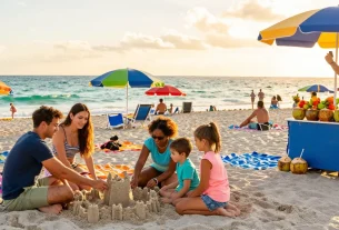 Pengunjung di pantai Miami, menikmati suasana santai dengan bangunan istana pasir dan minuman segar dari https://miami4d.com/.