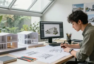 Desainer arsitektur sedang menggambar desain bangunan dengan metode halte4d di studio modern.